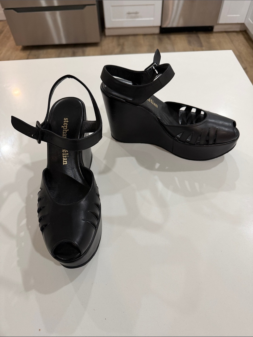 Stephane Kelian Black Leather Peep-Toe Wedge Sandals vintage brand new!